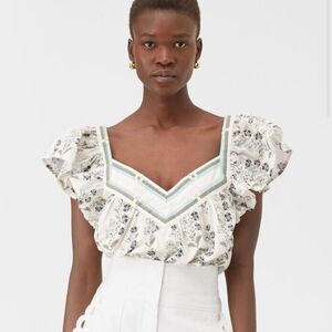 Anthro La Vie Lakespur Poplin Floral Ruffle Blouse